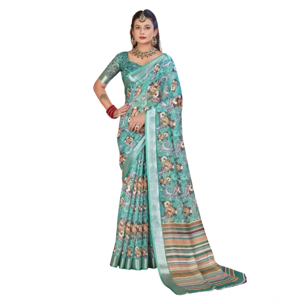Women's Printed Cotton Linen Saree withPrinted Saree With Unstitched Blouse (Mint Green, 5-6Mtrs) Women's Printed Cotton Linen Saree withPrinted Saree With Unstitched Blouse (Mint Green, 5-6Mtrs)