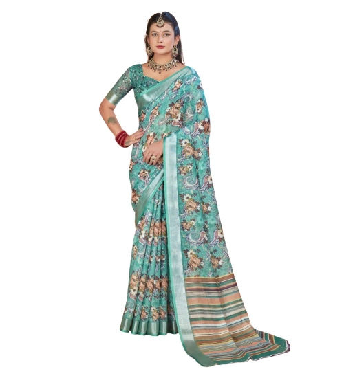 Women's Printed Cotton Linen Saree withPrinted  Saree With Unstitched Blouse (Mint Green, 5-6Mtrs)