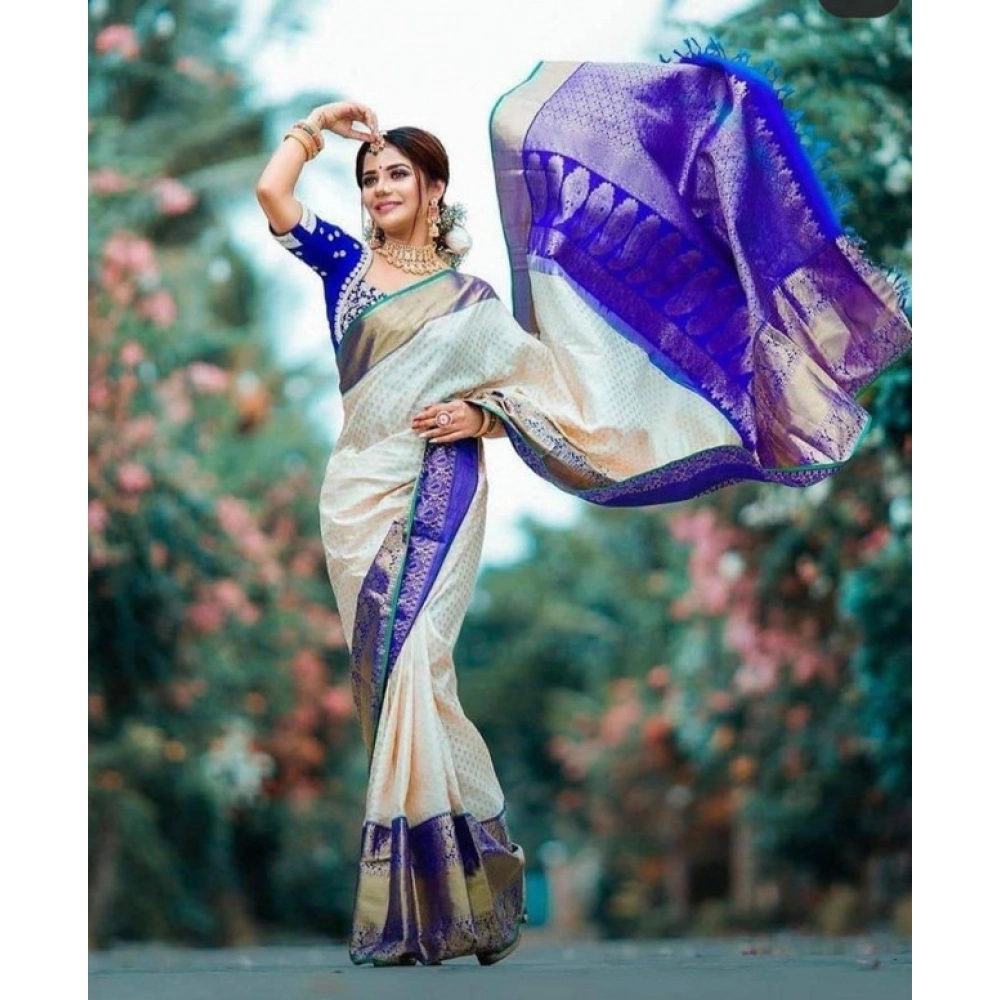 Women's Litchi silk Printed Saree With Unstitched Blouse (Off White) Women's Litchi silk Printed Saree With Unstitched Blouse (Off White)