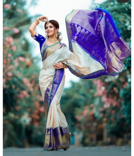 Women's Litchi silk Printed Saree With Unstitched Blouse (Off White) Women's Litchi silk Printed Saree With Unstitched Blouse (Off White)