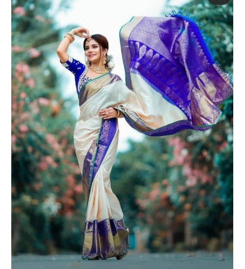 Women's Litchi silk Printed Saree With Unstitched Blouse (Off White)