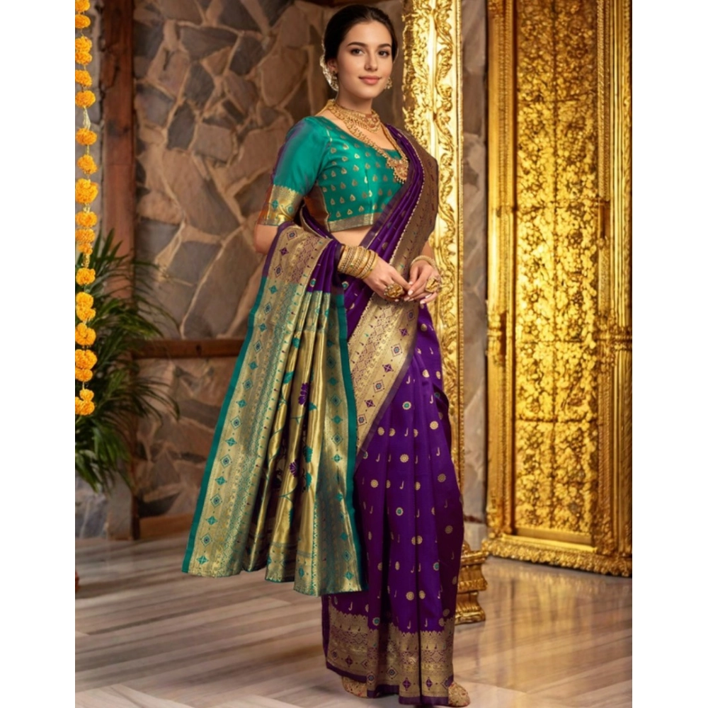 Women's Silk Blend Zari Weaving Saree With Unstitched Blouse 5.5Mtr (Purple)