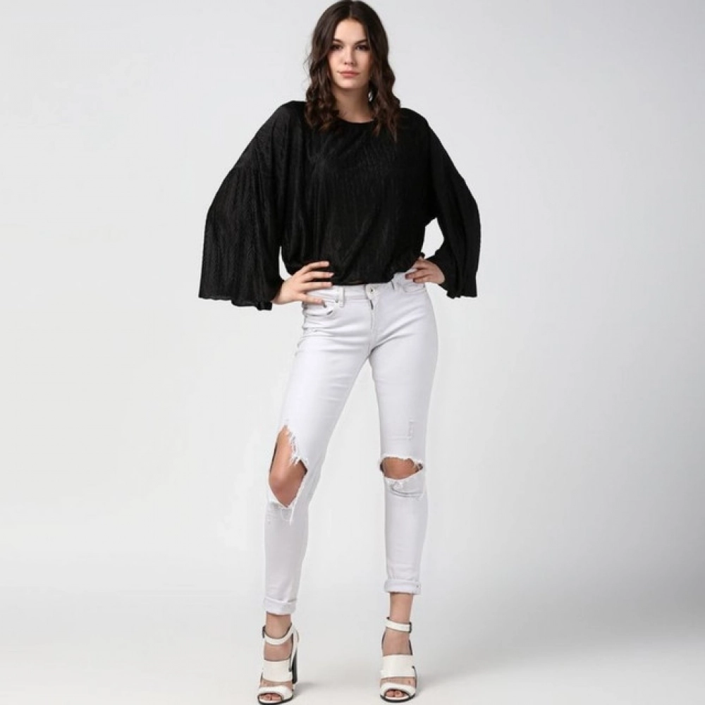 Women's Polyester Pleated Balloon Sleeve Top (Black)