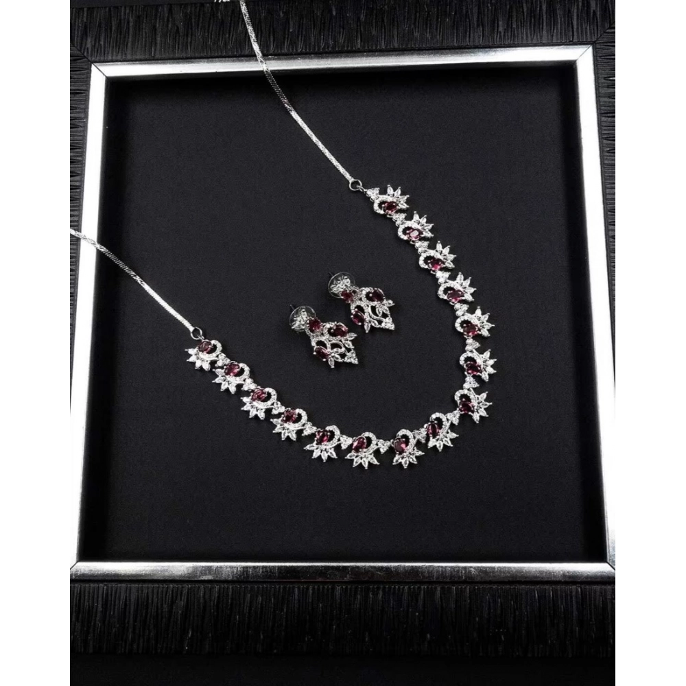 Women's Brass Silver Plated Necklace set (Red)