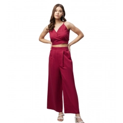 Women's Cotton Linen Solid Sleeveless Crop Top and Palazzo Set (Maroon)