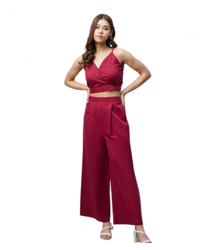 Women's Cotton Linen Solid Sleeveless Crop Top and Palazzo Set (Maroon)