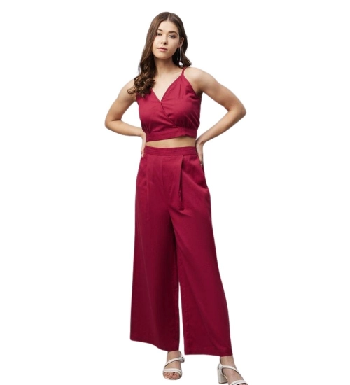 Women's Cotton Linen Solid Sleeveless Crop Top and Palazzo Set (Maroon)