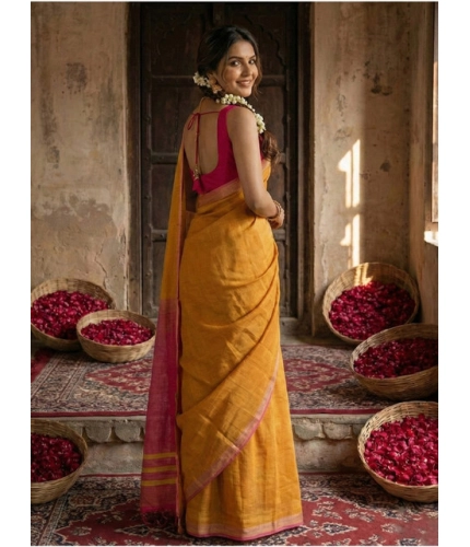 Women's Cotton Printed Saree With Unstitched Blouse 5.5Mtr (Yellow)