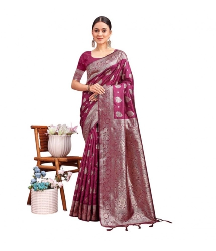 Women's Banarasi Silk Printed Saree With Unstitched Blouse 5.5Mtr (Purple)