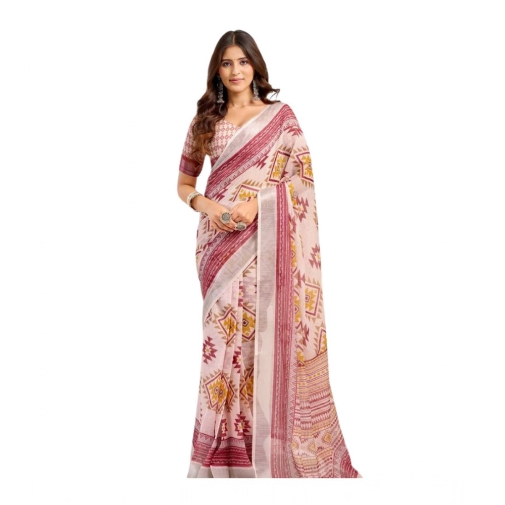 Women's Linen Cotton Printed Ready To Wear Saree With Unstitched Blouse 5.5 Mtr (Maroon)
