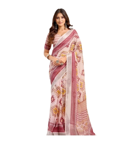 Women's Linen Cotton Printed Ready To Wear Saree With Unstitched Blouse 5.5 Mtr (Maroon)