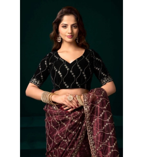 Women's Net Sequence Saree With Unstitched Blouse 5.5Mtr (Maroon)