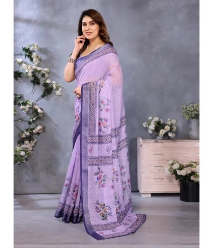 Women's Linen Cotton Printed Saree With Unstitched Blouse 5.5Mtr (Purple) Women's Linen Cotton Printed Saree With Unstitched Blouse 5.5Mtr (Purple)
