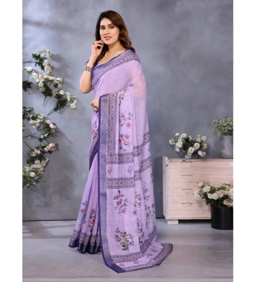 Women's Linen Cotton  Printed Saree With Unstitched Blouse 5.5Mtr (Purple)