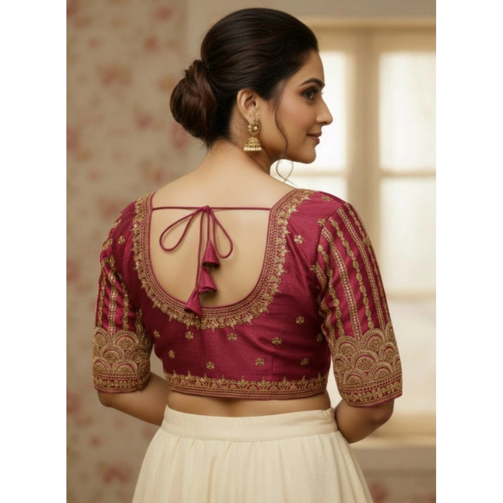 Women's Phantom Silk Embroidered Designer Neck Padded Blouse (Maroon 38 Ready (Alterable up to 42)