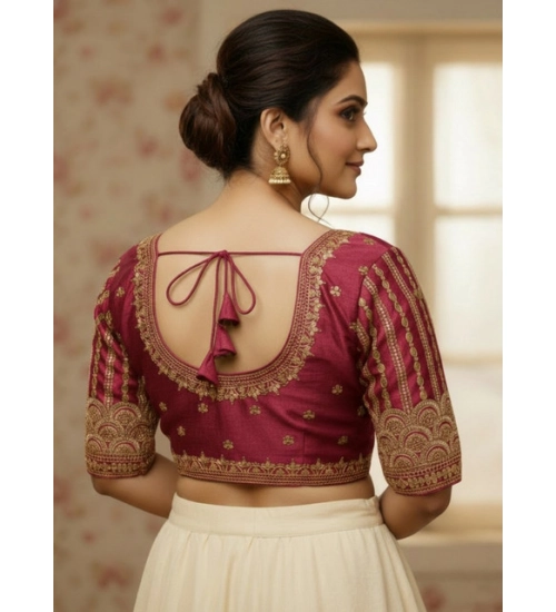 Women's Phantom Silk Embroidered Designer Neck Padded Blouse (Maroon 38 Ready (Alterable up to 42)