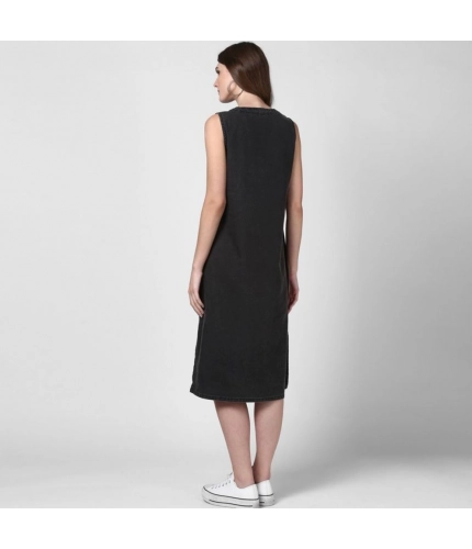 Women's Denim Solid Sleeveless Dress (Black)