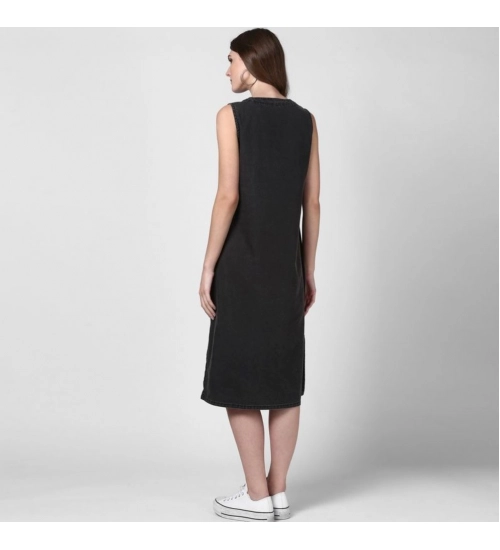 Women's Denim Solid Sleeveless Dress (Black) Women's Denim Solid Sleeveless Dress (Black)