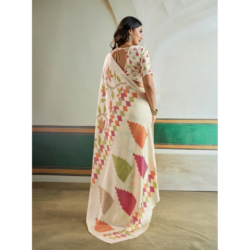 Women's Satin Crepe Printed Saree With Unstitched Blouse 5.5Mtr (Off White)
