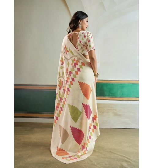 Women's Satin Crepe Printed Saree With Unstitched Blouse 5.5Mtr (Off White)