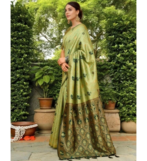 Women's Silk Blend Woven Paithani Saree With Unstitched Blouse 5.5Mtr (Olive)