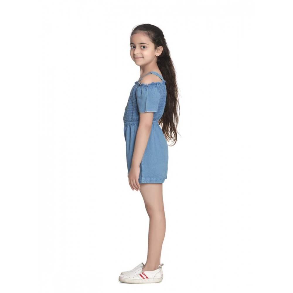 Girl's Rayon Solid Sleeveless Jumpsuit (Blue)