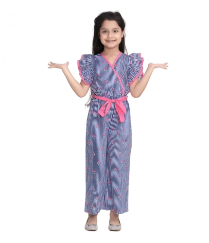 Girl's Cotton Striped Flutter Jumpsuit (Blue-Pink)