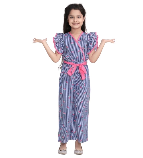 Girl's Cotton Striped Flutter Jumpsuit (Blue-Pink)