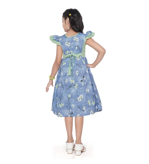 Girl's Twill Printed Short Sleeve Round Neck Dress (Green)
