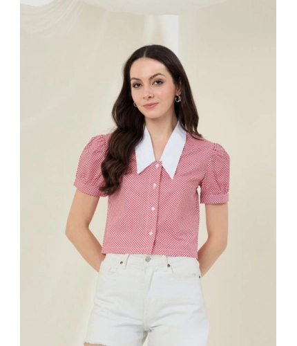 Women's Cotton Checkered Half Sleeve Shirt (Red - White)