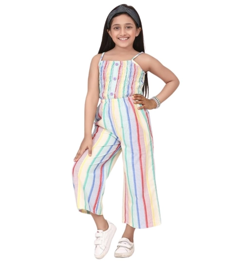 Girl's Polyester Cotton Blend Striped Sleeveless Jumpsuit (Multicolor)