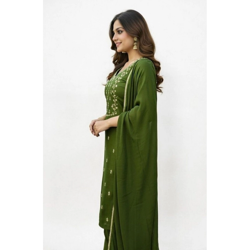 Women's Georgette Ethnic Motif Round 3/4th Sleeve Kurti With Pant Dupatta Set (Mahendi) Women's Georgette Ethnic Motif Round 3/4th Sleeve Kurti With Pant Dupatta Set (Mahendi)