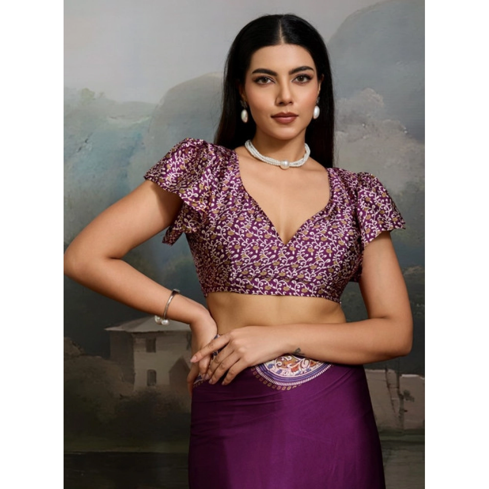 Women's Satin Crepe Printed Saree With Unstitched Blouse 5.5Mtr (Purple)