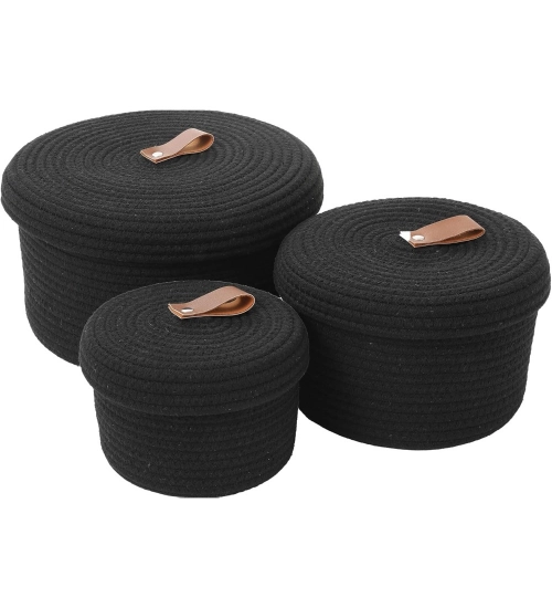 Cotton 3 Pcs Set Roti Box Storage Basket With Lid (Black)