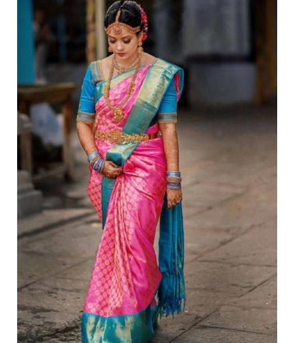 Women's Litchi silk Printed Saree With Unstitched Blouse (Pink)