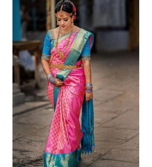 Women's Litchi silk Printed Saree With Unstitched Blouse (Pink)