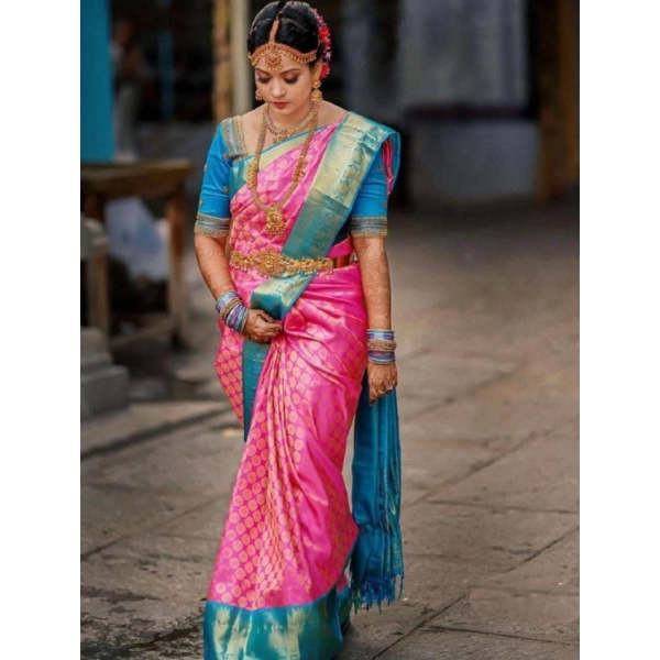 Dropship Women's Litchi silk Printed Saree With Unstitched Blouse (Pink)