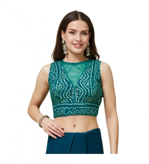 Women's Rayon Cotton Bandhani Printed Halter Neck Non Padded Blouse (Blue 38 Ready (Alterable up to 42)