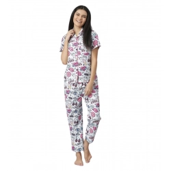 Women's Cotton Blend Printed Short Sleeve Night Suit (Multicolor)
