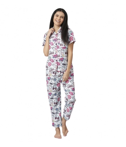 Women's Cotton Blend Printed Short Sleeve Night Suit (Multicolor)
