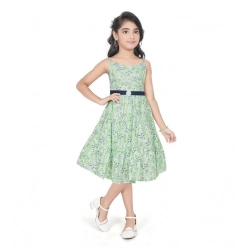 Girl's Cotton Slub Printed Sleeve Less Round Neck Dress (Sea Green)