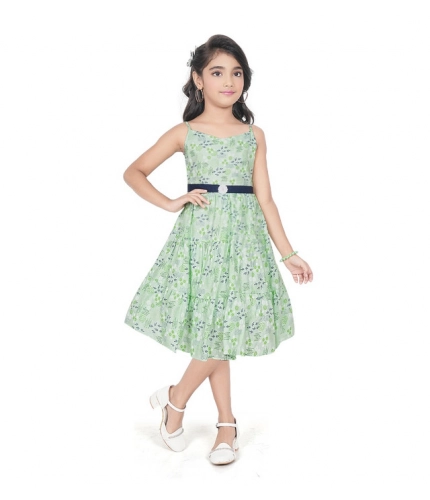 Girl's Cotton Slub Printed Sleeve Less Round Neck Dress (Sea Green)