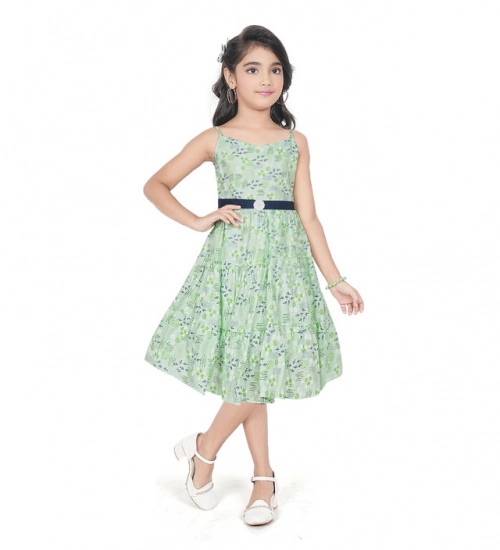 Girl's Cotton Slub Printed Sleeve Less Round Neck Dress (Sea Green)