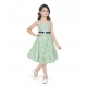 Girl's Cotton Slub Printed Sleeve Less Round Neck Dress (Sea Green)