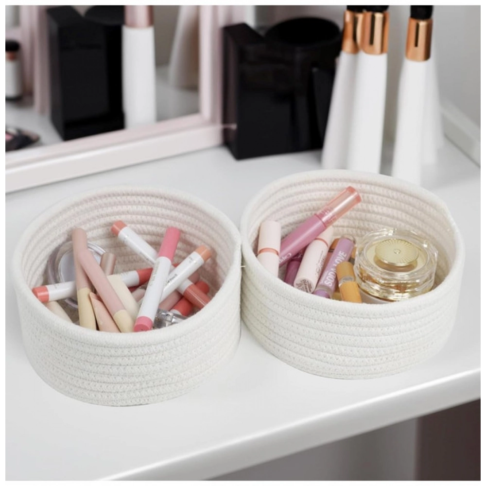 Cotton 8x3 Inch Round 3 Set Bedside Organizer (White)