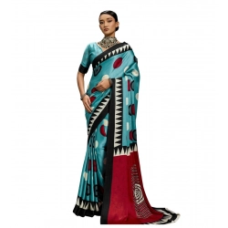 Women's Satin Crepe Printed Saree With Unstitched Blouse 5.5Mtr (Sky Blue)