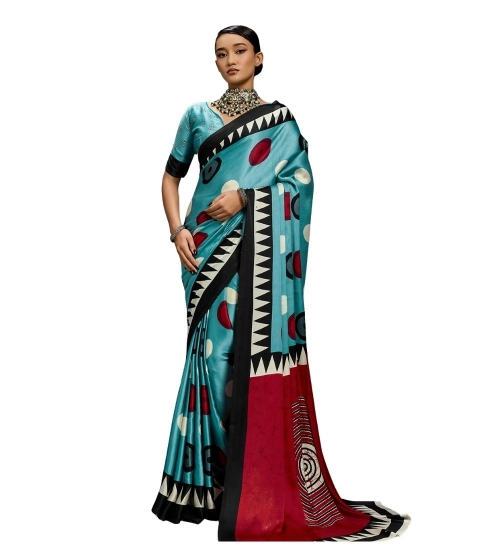 Women's Satin Crepe Printed Saree With Unstitched Blouse 5.5Mtr (Sky Blue)