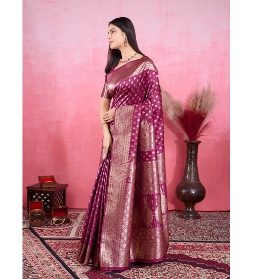 Women's Banarasi Silk Printed Saree With Unstitched Blouse 5.5Mtr (Wine)