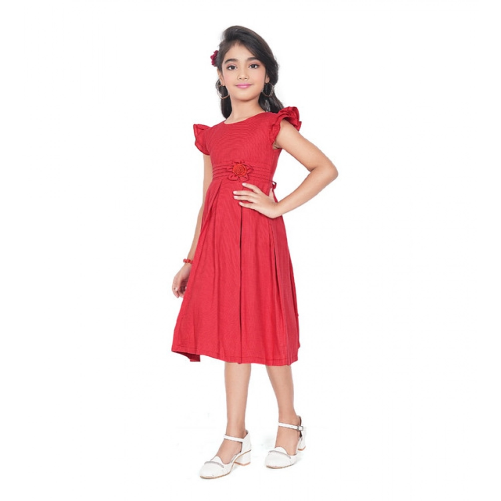 Girl's Rayon Soild Short Sleeve Round Neck Dress (Red)