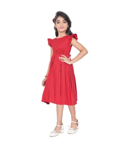 Girl's Rayon Soild Short Sleeve Round Neck Dress (Red)